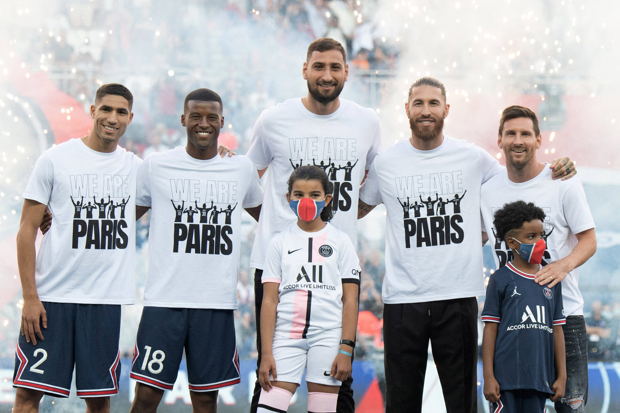PSG's new signings presentation, Achraf Hakimi, Georginio Wijnaldum, Gianluigi Donnarumma, Sergio Ramos and Lionel Messi (2021).